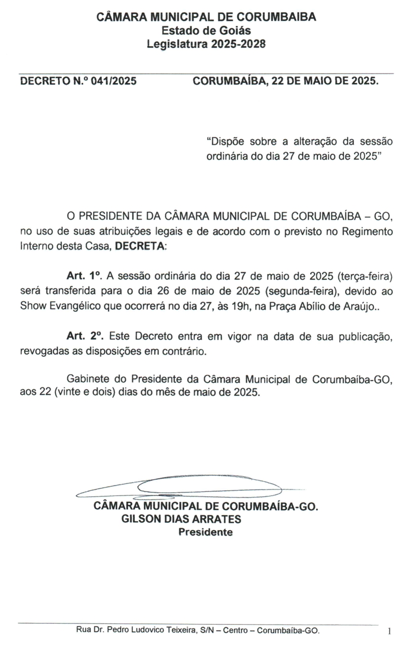 “Dispõe sobre a alteração da sessão ordinária do dia 27 de maio de 2025”