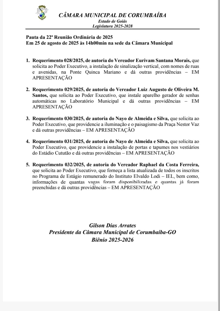 Pauta da 22ª Reunião Ordinária da Câmara de Vereadores de Corumbaíba 2025.