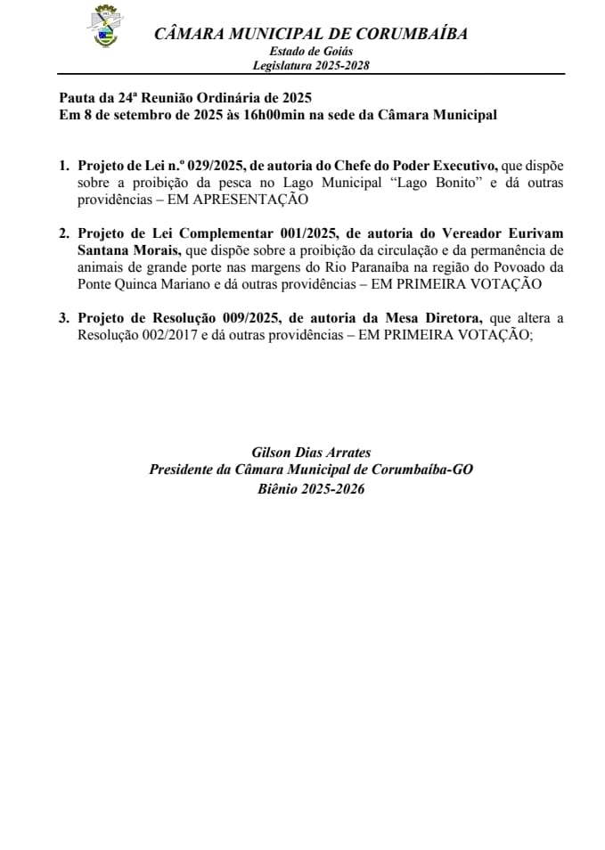 Pauta da 24ª Reunião Ordinária da Câmara de Vereadores de Corumbaíba 2025.