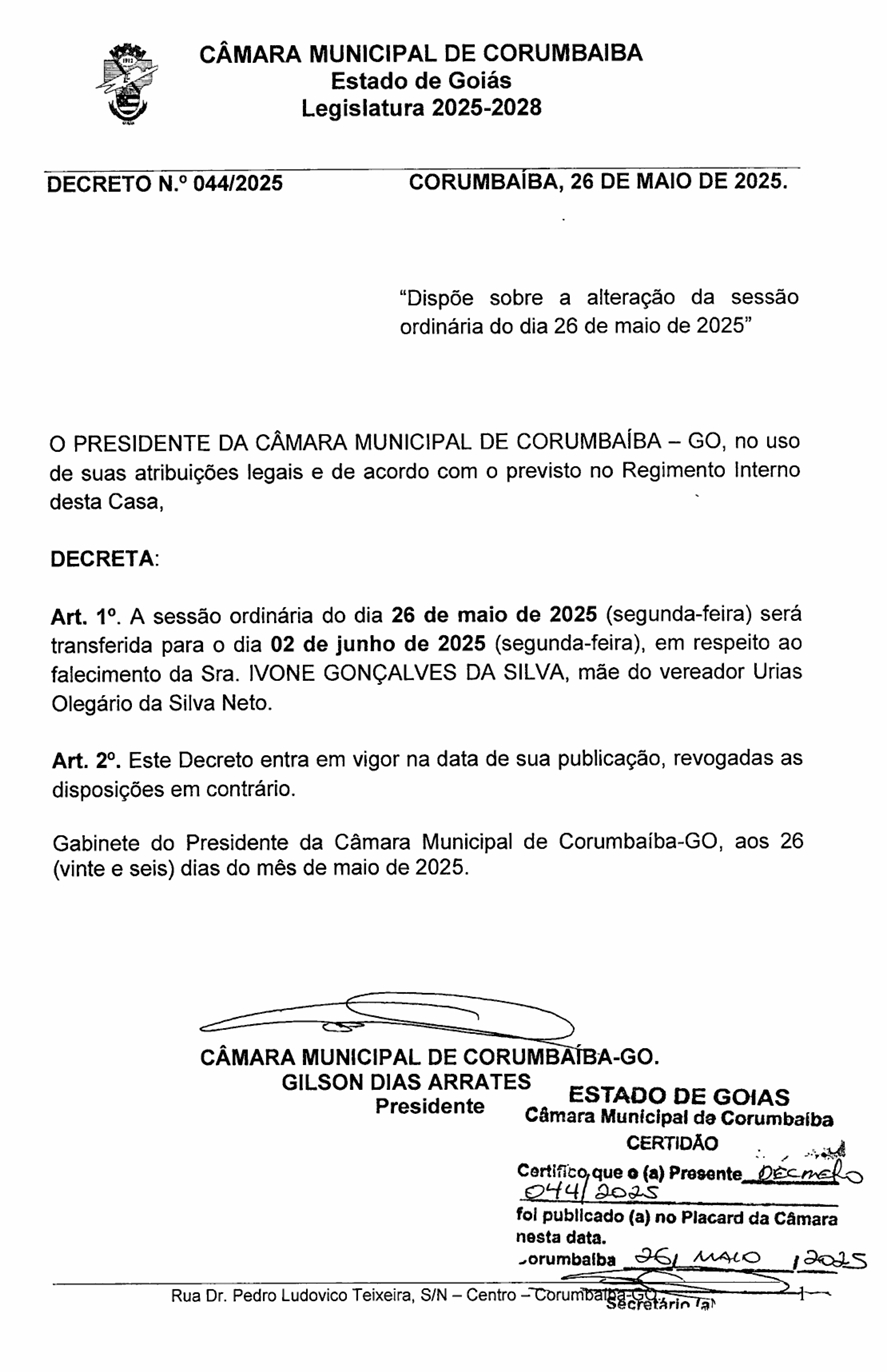 Alteração de Sessão Ordinária do dia 26 de Maio de 2025 para o dia 02 de Julho de 2025.