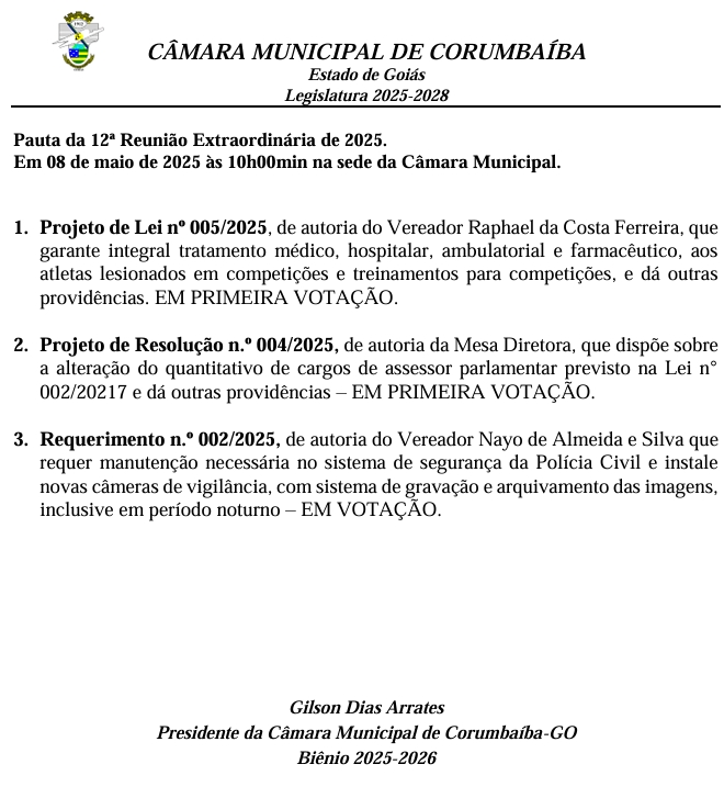 Pauta da 12ª Reunião Extraordinária da Câmara de Vereadores de Corumbaíba 2025.