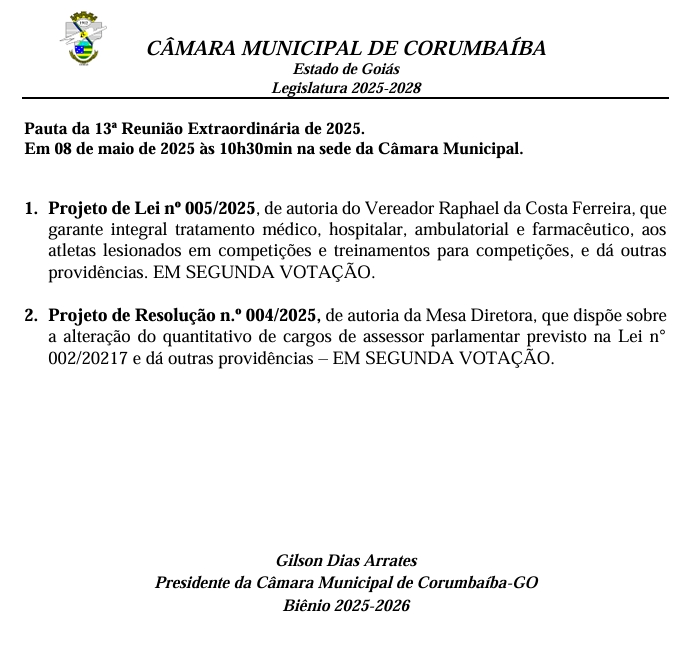 Pauta da 13ª Reunião Extraordinária da Câmara de Vereadores de Corumbaíba 2025.