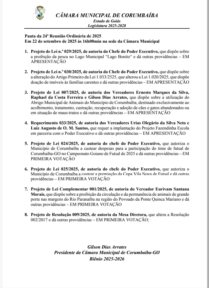 📋Pauta da 24ª Reunião Ordinária da Câmara de Vereadores de Corumbaíba 2025.