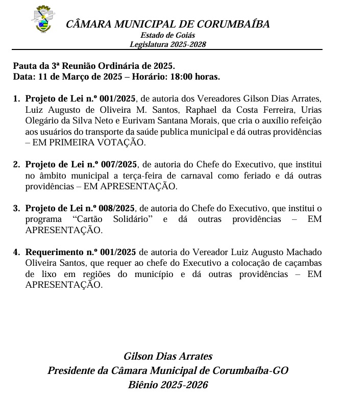 Pauta da 2ª Reunião Ordinária da Câmara de Vereadores de Corumbaíba 2025.