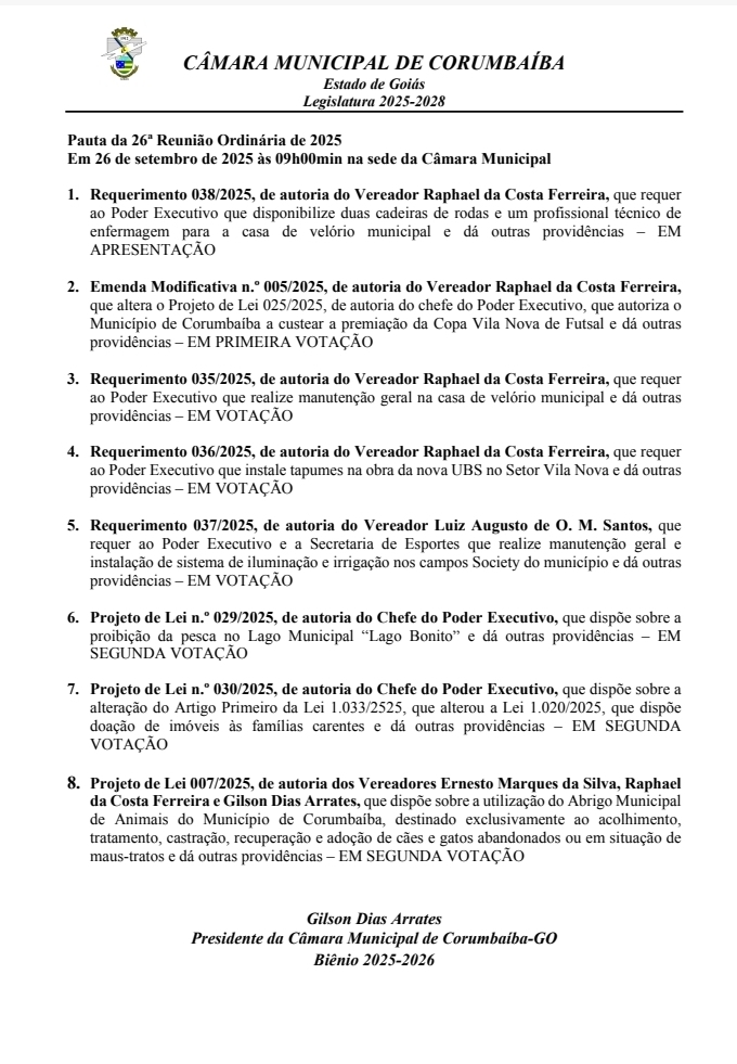 📋Pauta da 26ª Reunião Ordinária da Câmara de Vereadores de Corumbaíba 2025.