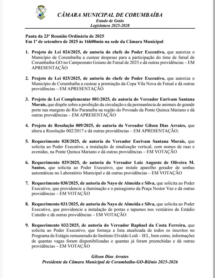 Pauta da 23ª Reunião Ordinária da Câmara de Vereadores de Corumbaíba 2025.