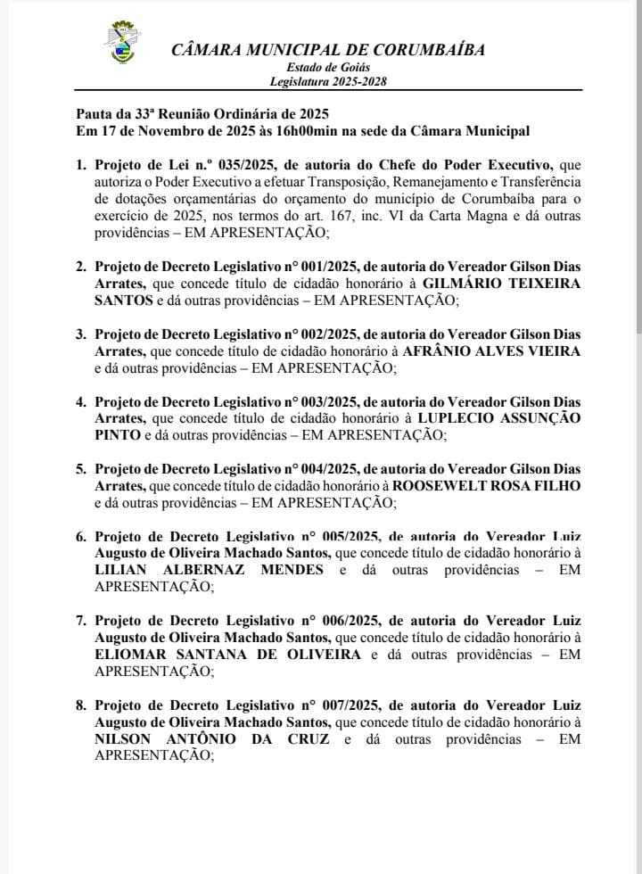 Pauta da 33ª Reunião Ordinária da Câmara de Vereadores de Corumbaíba 2025.