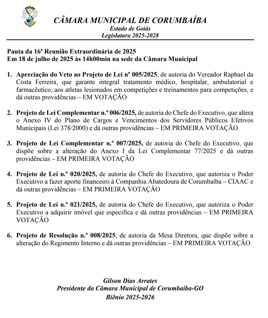 Pauta da 16ª Reunião Extraordinária da Câmara de Vereadores de Corumbaíba 2025.