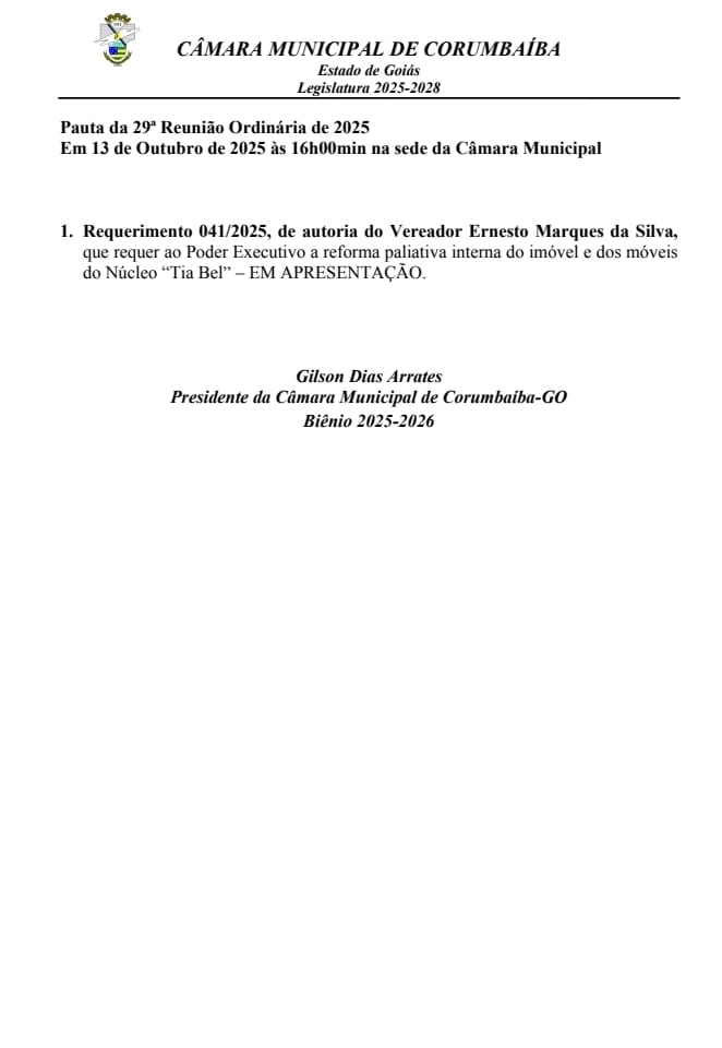 Pauta da 29ª Reunião Ordinária da Câmara de Vereadores de Corumbaíba 2025.